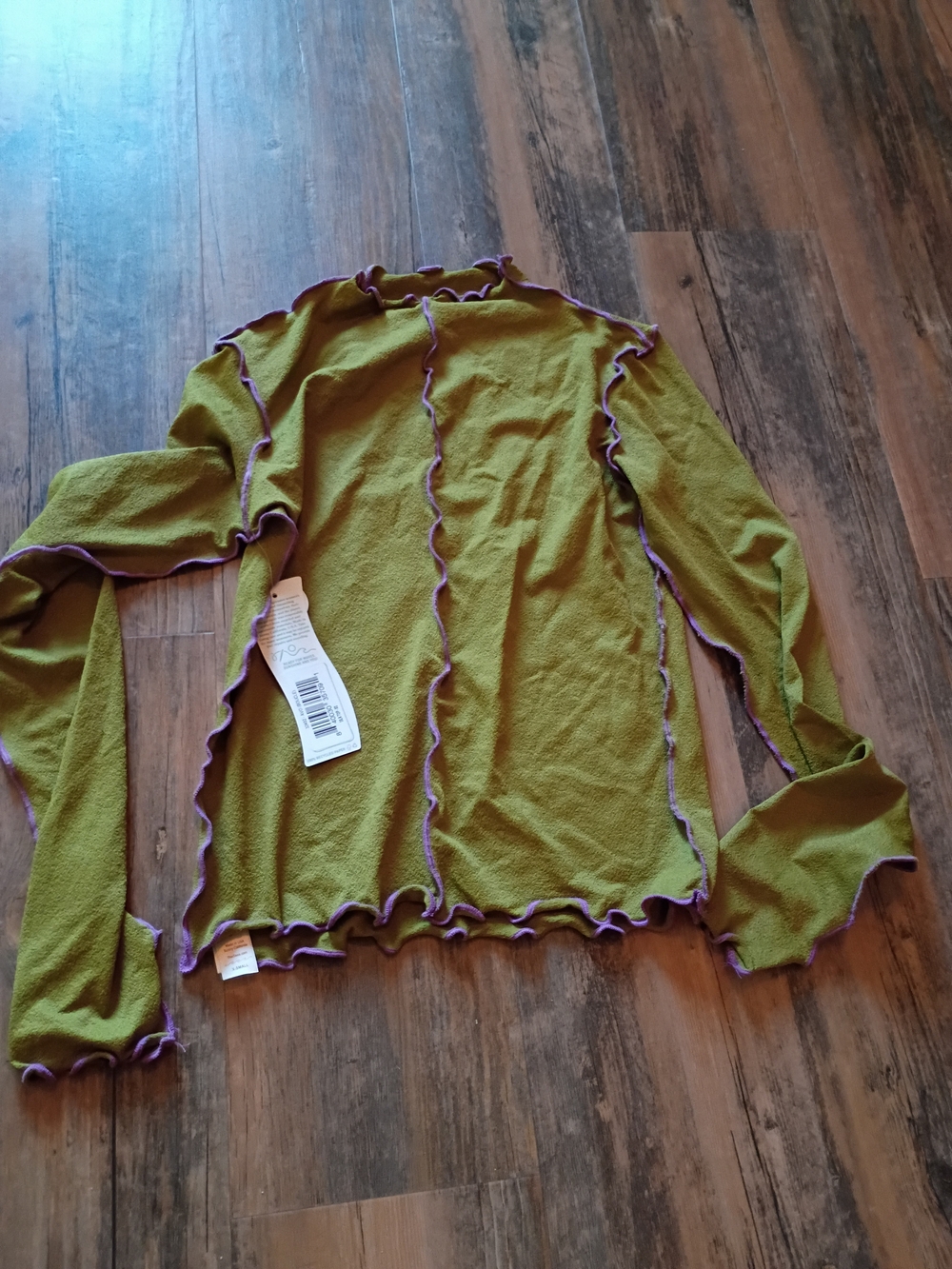 Seea Olive Green Long Sleeve Lettuce-Edge Top with Purple Trim
